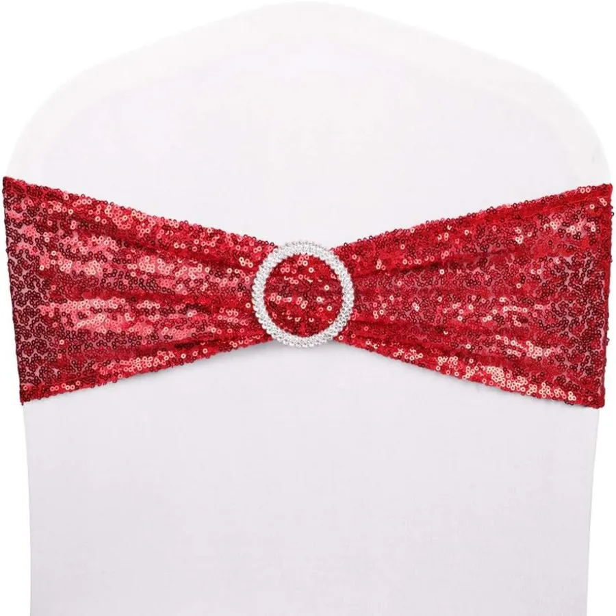 50pcs Chair Sashes Sequin Stretchy Spandex Band with Silver Buckles Decorative Bows One-Sided Sequins Decor for Wedding Party