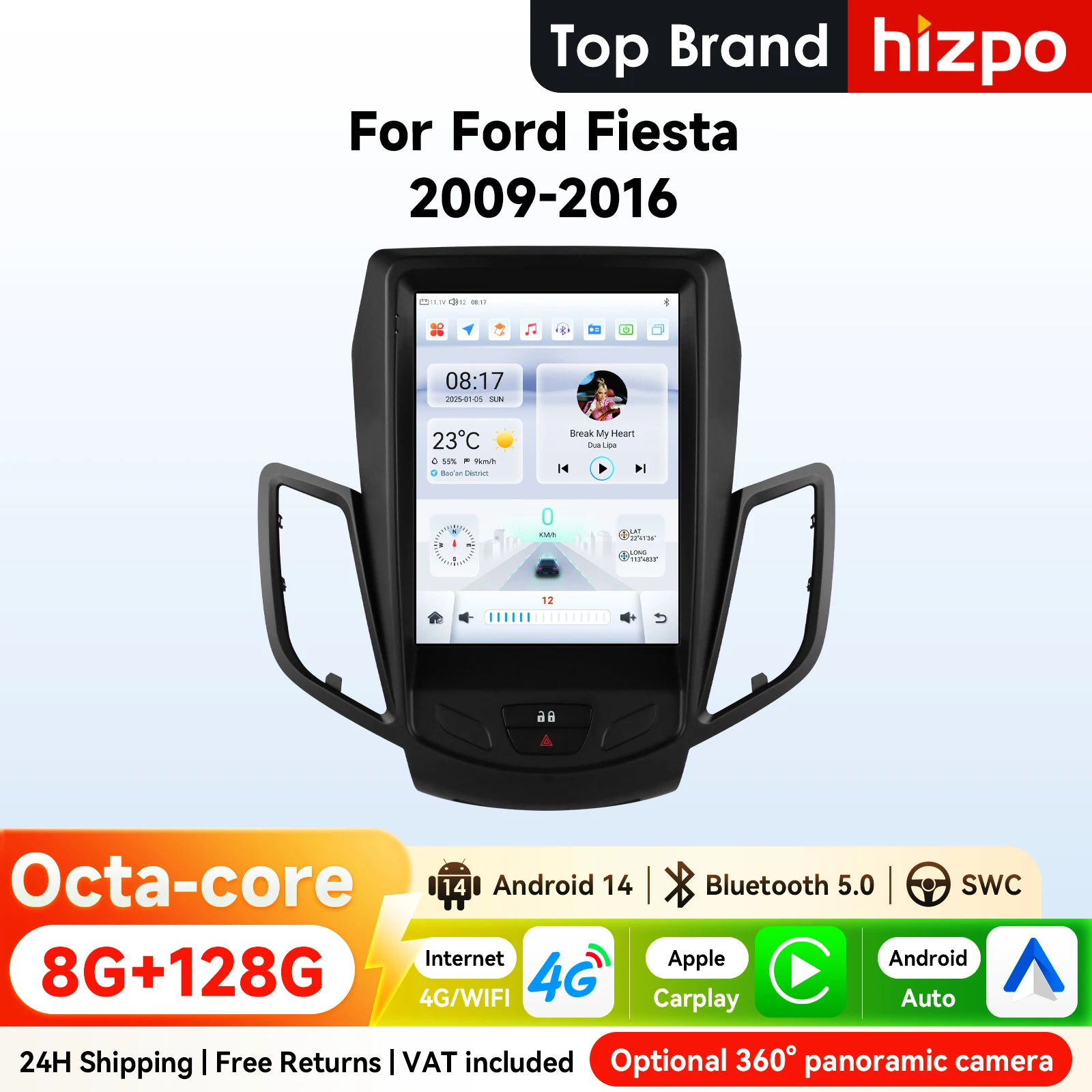 Hizpo 9,7 Zoll CarPlay Android Auto Autoradio für Ford Fiesta 2009–2016 Tesla Style Bildschirm 4G BT GPS RDS DSP SWC UIS7862 360CAM