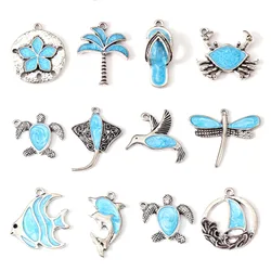 10pcs Bohemian Charms Antique Silver Color Crab Bird Fish Aniaml Blue Enamel Metal Pendants DIY Women Necklace Earrings Jewelry