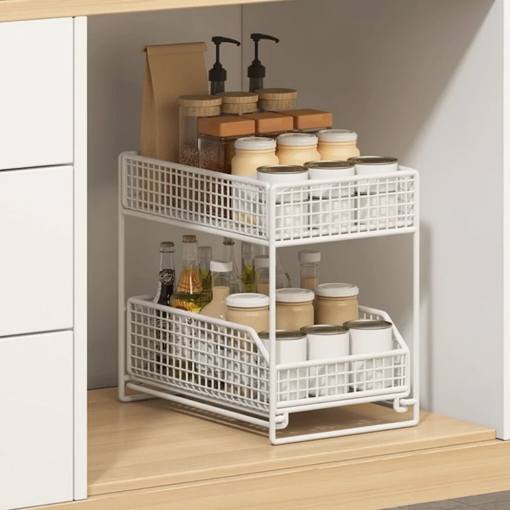 

Iron 2 Tier Storage Basket Large Capacity Stable Frame Sliding Cabinet Basket Space Saving Under Sink Organizer Bathroom