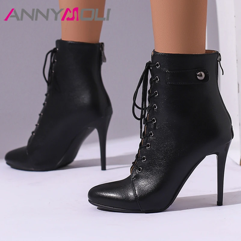 

Ботильоны ANNYMOLI женские с круглым носком, тонкий высокий каблук, на молнии, на шнуровке, короткие сапоги, выразительная зимняя обувь, черные, белые, 43