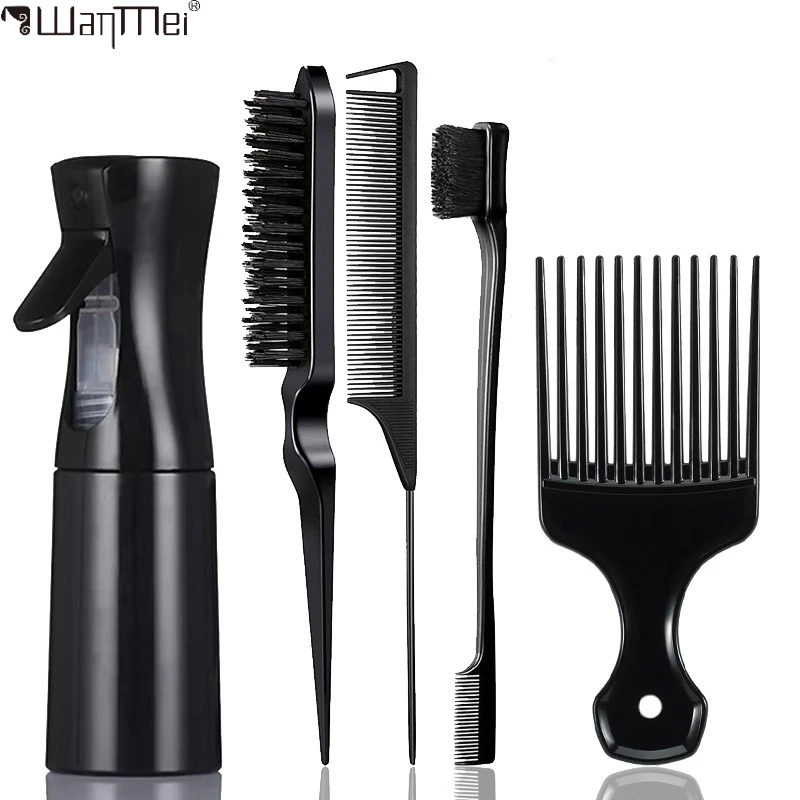 Juego de 5 Herramientas para Peinar el Cabello con Botella de Spray, Peine Afro, Cepillo para Bordes, Peine de Cola para Cabello Rizado y Natural