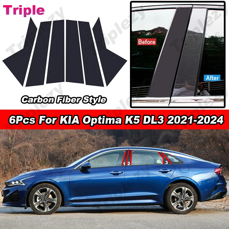 6Pcs Glossy Piano Black/Carbon Fiber Car PC Material Pillar Post Cover Door Trim Window Sticker For KIA Optima K5 DL3 2021-2024