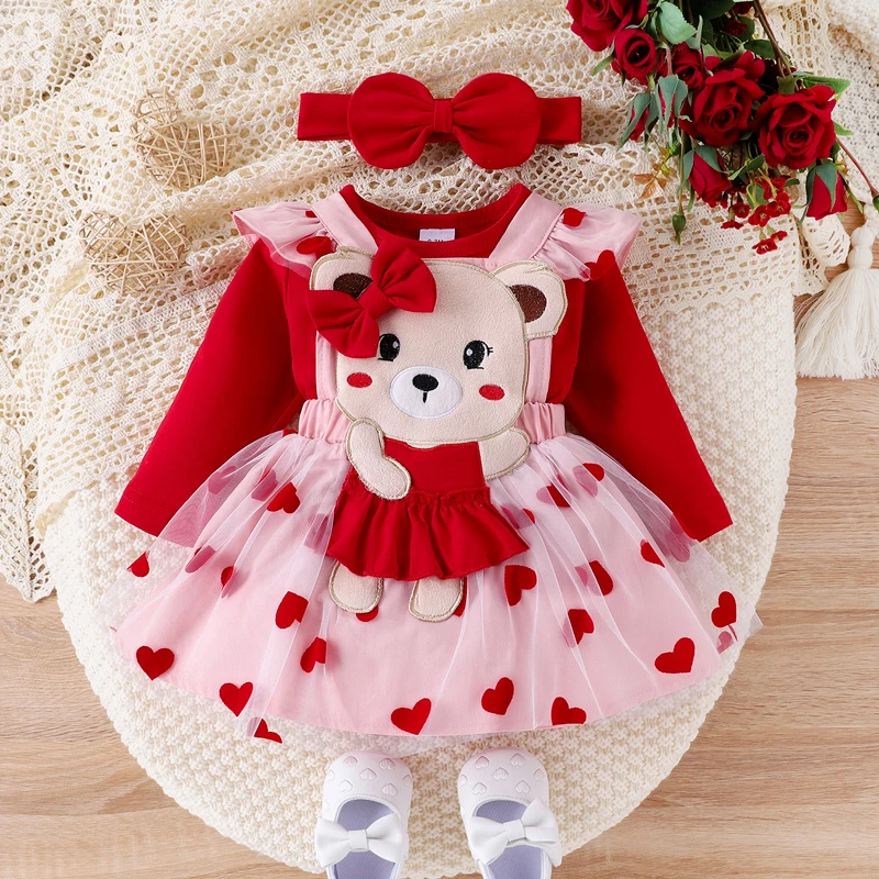 Newborn Baby Girls Clothes Sets Long Sleeve Romper + Cartoon Suspender Skirt + Headband 3pcs Outfit Set Valentine\'s Day