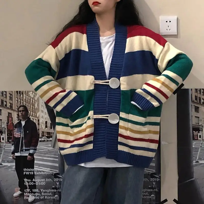 Rainbow Striped Sweater Jacket for Women New Korean Version Lazy Style Worn Outside Knitted Cardigan Top