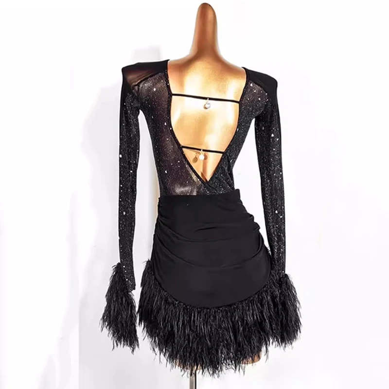 2025 New Latin Dance Competition Dress Women\'s Performance Tassel Ballroom Dress Long Sleeves Salsa  Clothes Rumba Practice Wear