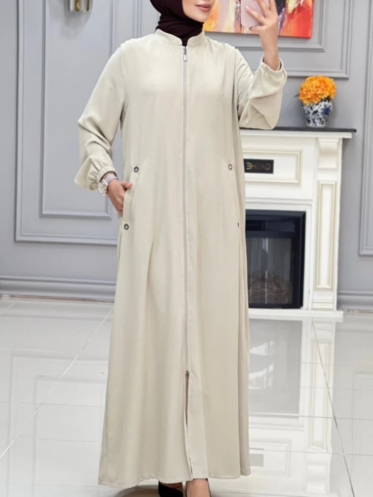 Eid Muslim Party Dress for Women Stand Collar Ramadan Abaya Long Dress Zipper Up Pocket Vestidos Largos Dubai Robe Jalabiya 2024