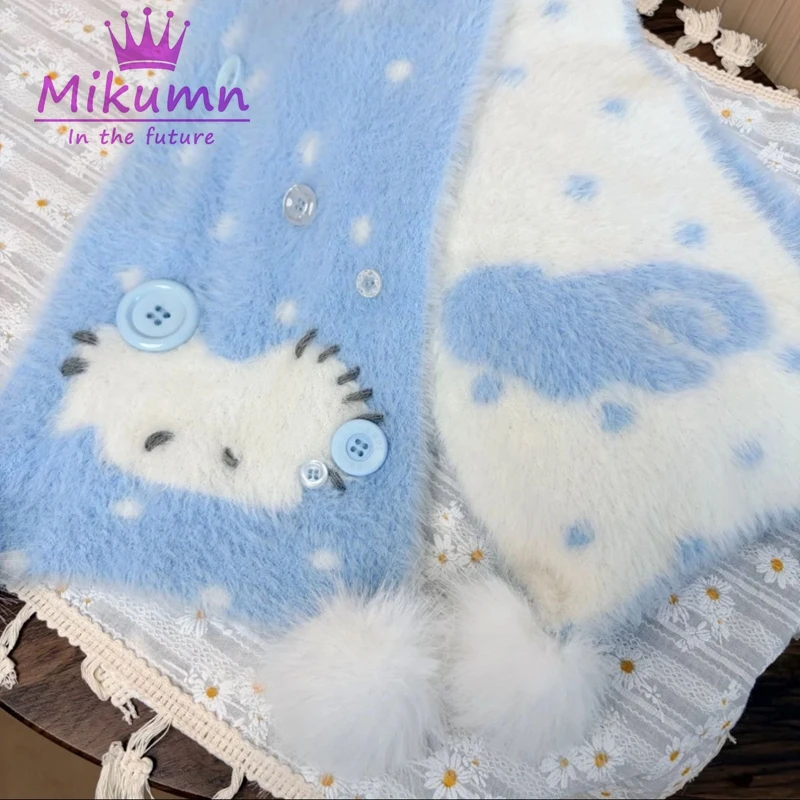 Mikumn harajuku bonito dos desenhos animados gato cachecol de pelúcia japonês y2k feminino meninas inverno quente dupla face malha longo cachecol streetwear