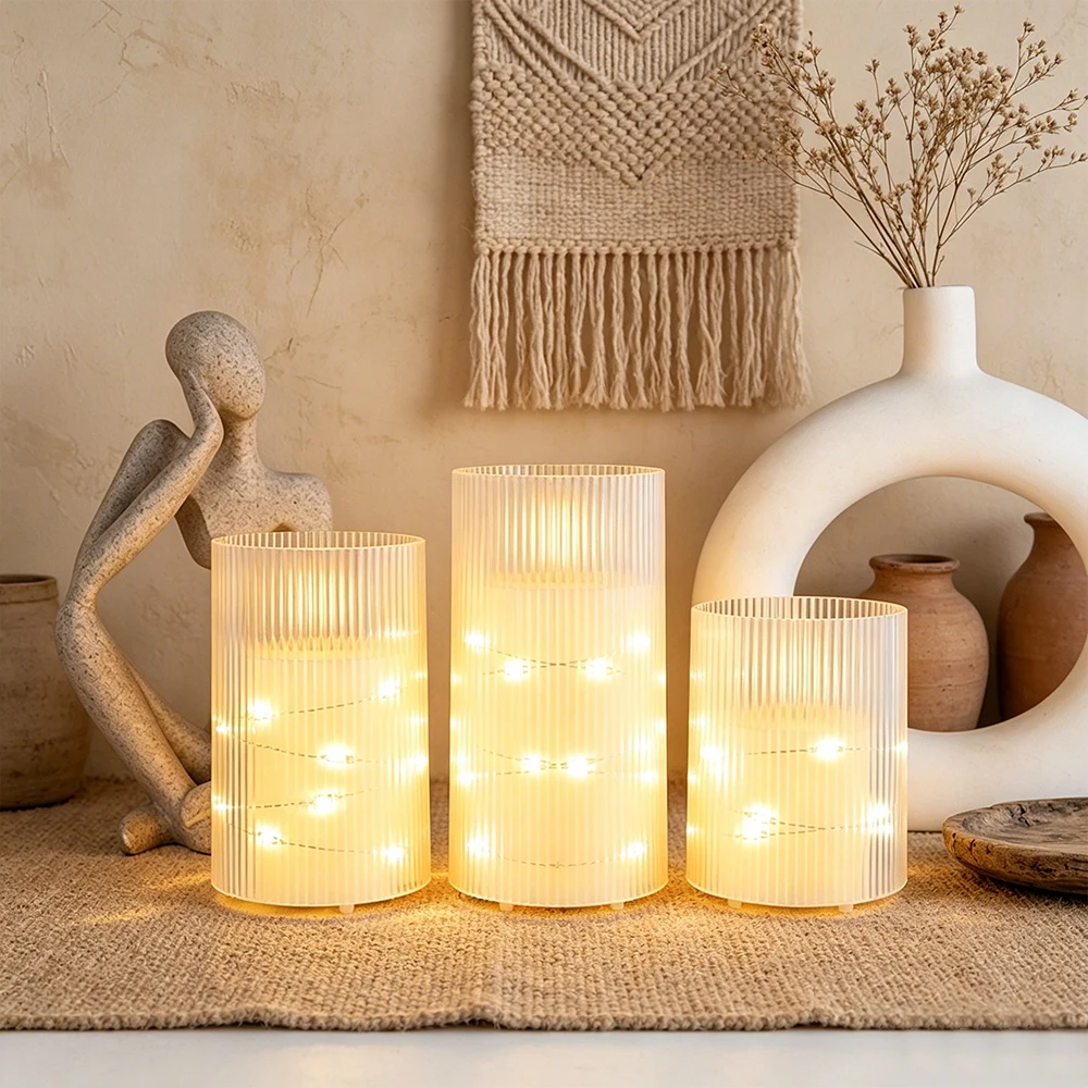 Flameless LED Candles with Embedded Star String Battery Operated Flickering Pillar Candle Light with Remote and Timer Home Decor