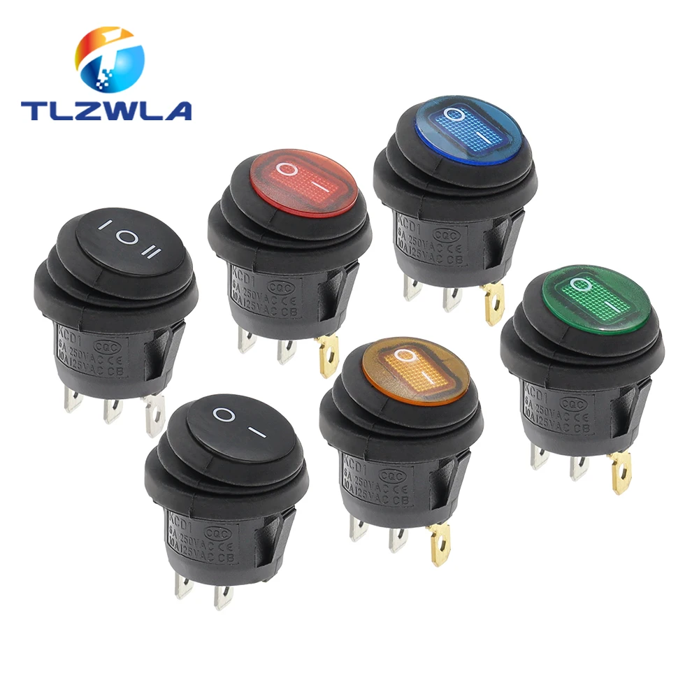 1 sztuk On Off wodoodporny pojazd przełącznik łodzi okrągły przełącznik SPST 3Pin przełącznik kołyskowy 6A 10A 250V 125V AC LED