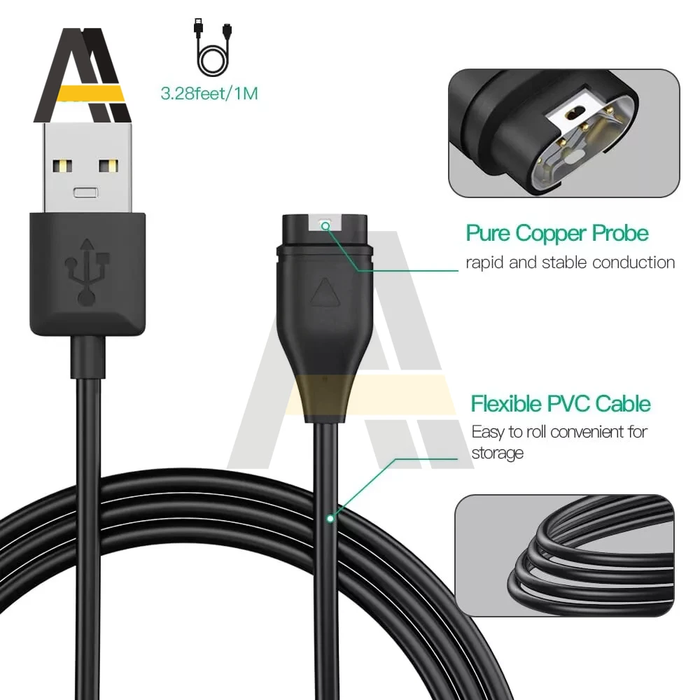 Cable de carga USB de 100cm para Garmin Fenix 8/7/7S/7X/6/6S/6X/5/5S/5X Forerunner 45 165 245 255 265 645 955 965 Vivoactive 5 Venu