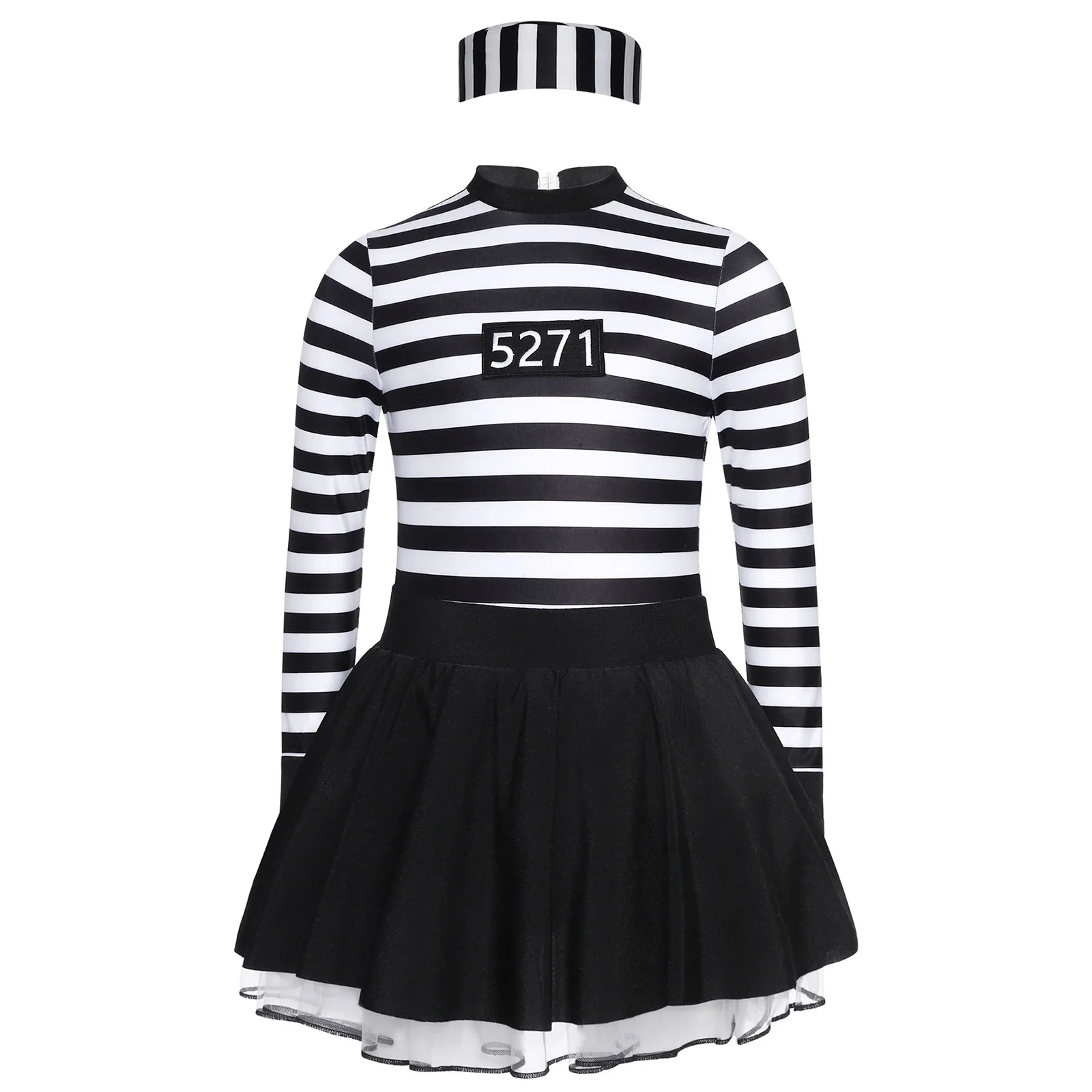 

Kids Girls Prisoner Costume Striped Puffy Dress Long Sleeve Ruffled Tutu Dress and Caps Convict Role Play Halloween Dress Outfit