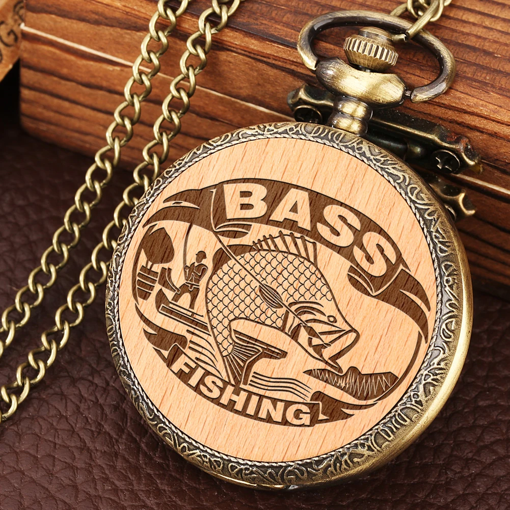 Vintage Sculpted Engraved Bass Fishing Quartz Pocket Watch Bronze Necklace Clock Waist Hook Watch FOB Watch with 80cm/30cm Chain