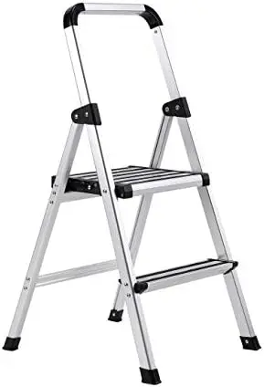 

2-Step Aluminum Step Ladder - Sturdy Thin Folding Stool - 2 Anti-Slip Steps - Wide Platform - Great for Your Kitchen, Pantry, Cl