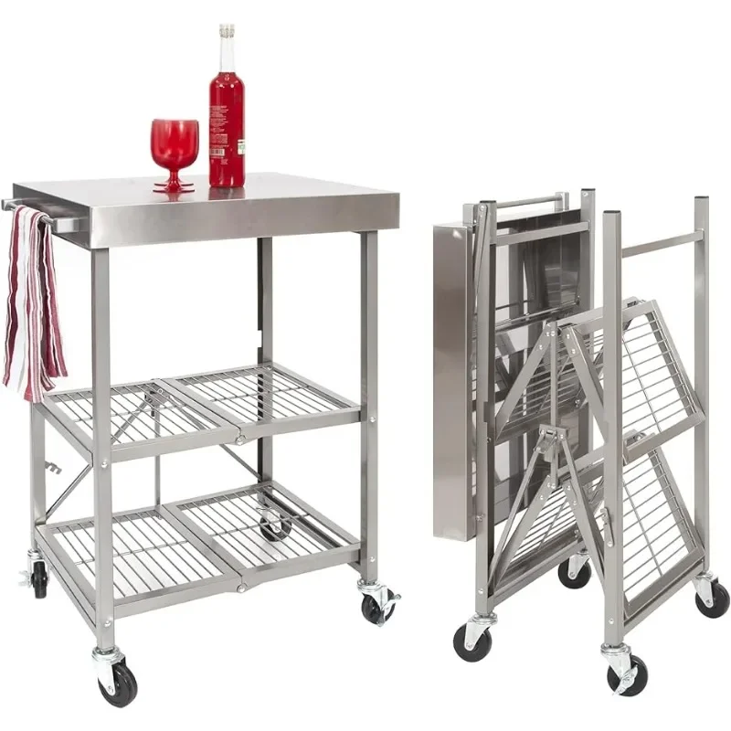 

Origami Stainless Steel Table with Wheels, 3-Tier Foldable Rolling Cart Made of Commercial-Grade Metal