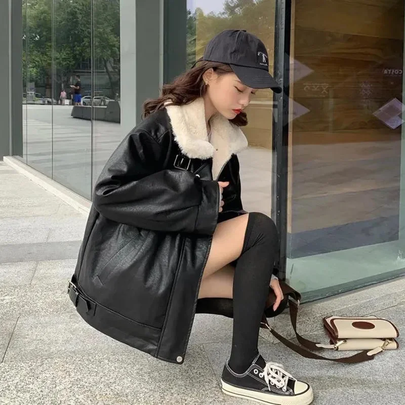 2025 หญิงหลวมซิปหนัง Outcoat ผู้หญิงเกาหลี Patchwork เสื้อหนัง Faux ฤดูใบไม้ร่วงฤดูหนาวผู้หญิงกํามะหยี่ PU หนังแจ็คเก็ต