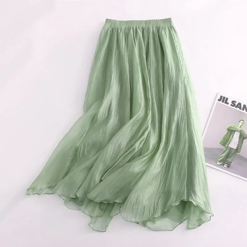 

Summer Fairy Irregular Long Gauze Skirts Crepe Mesh A-line Calf Long Skirts Green Purple