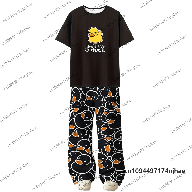 2026 Women’s Tracksuit Cartoon Yellow Duck Print T-Shirt+Pajamas Trousers Sets Casual Pants Suit Couples Clothes 2 Piece Outfits view 3