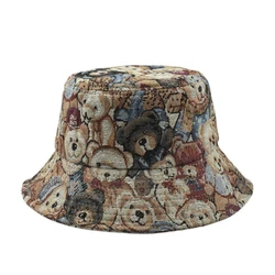 Trendy Designer Cute Cartoon Bear Print Flat Top Fisherman Hat for Women's Summer Fashion Sunshade Bucket Hat Men's Fishing Hat