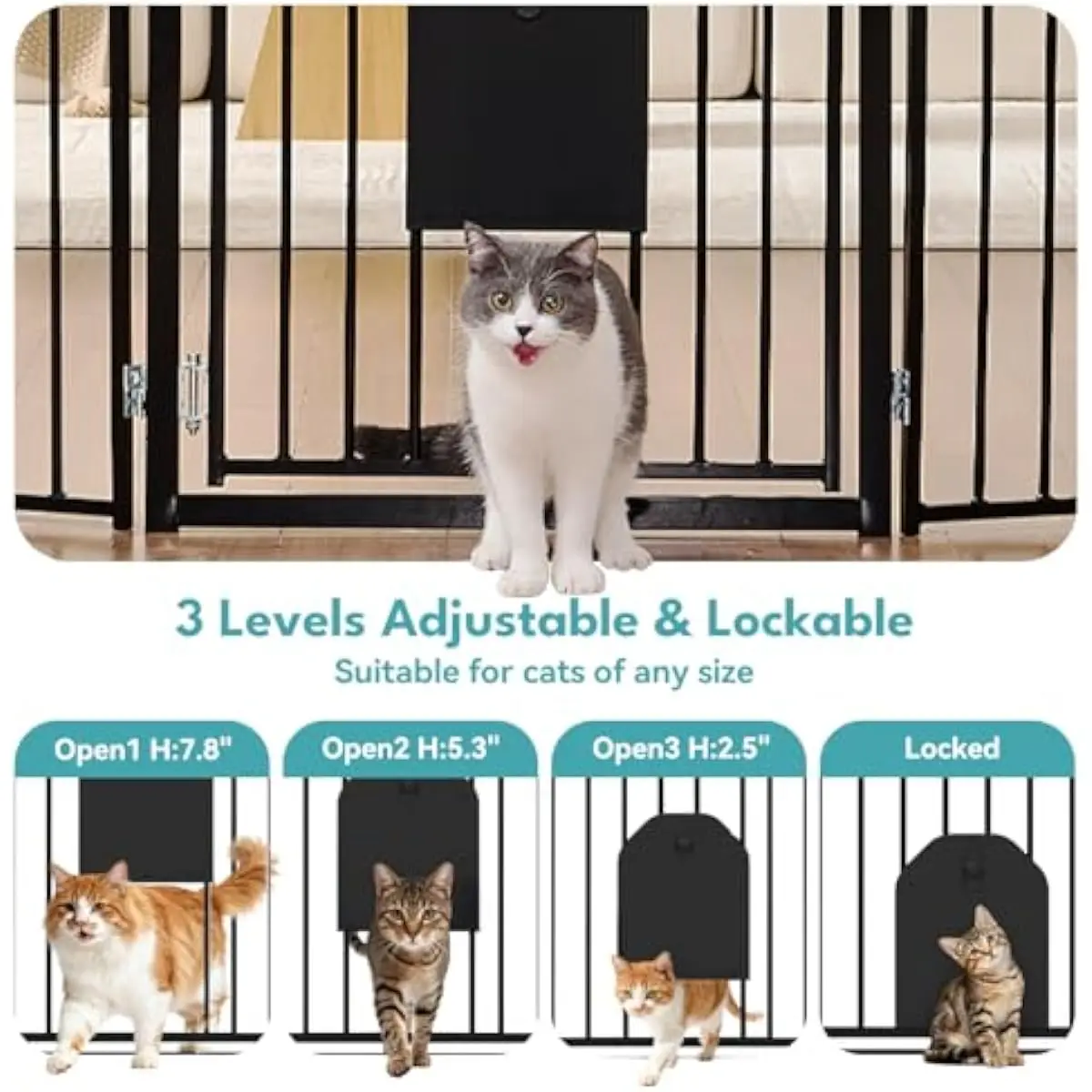 Freestanding Heavy-Duty Metal Pet Gate with Adjustable Lockable Small Animal Door, 30 Inch Tall, Width Expandable to 156 Inches,