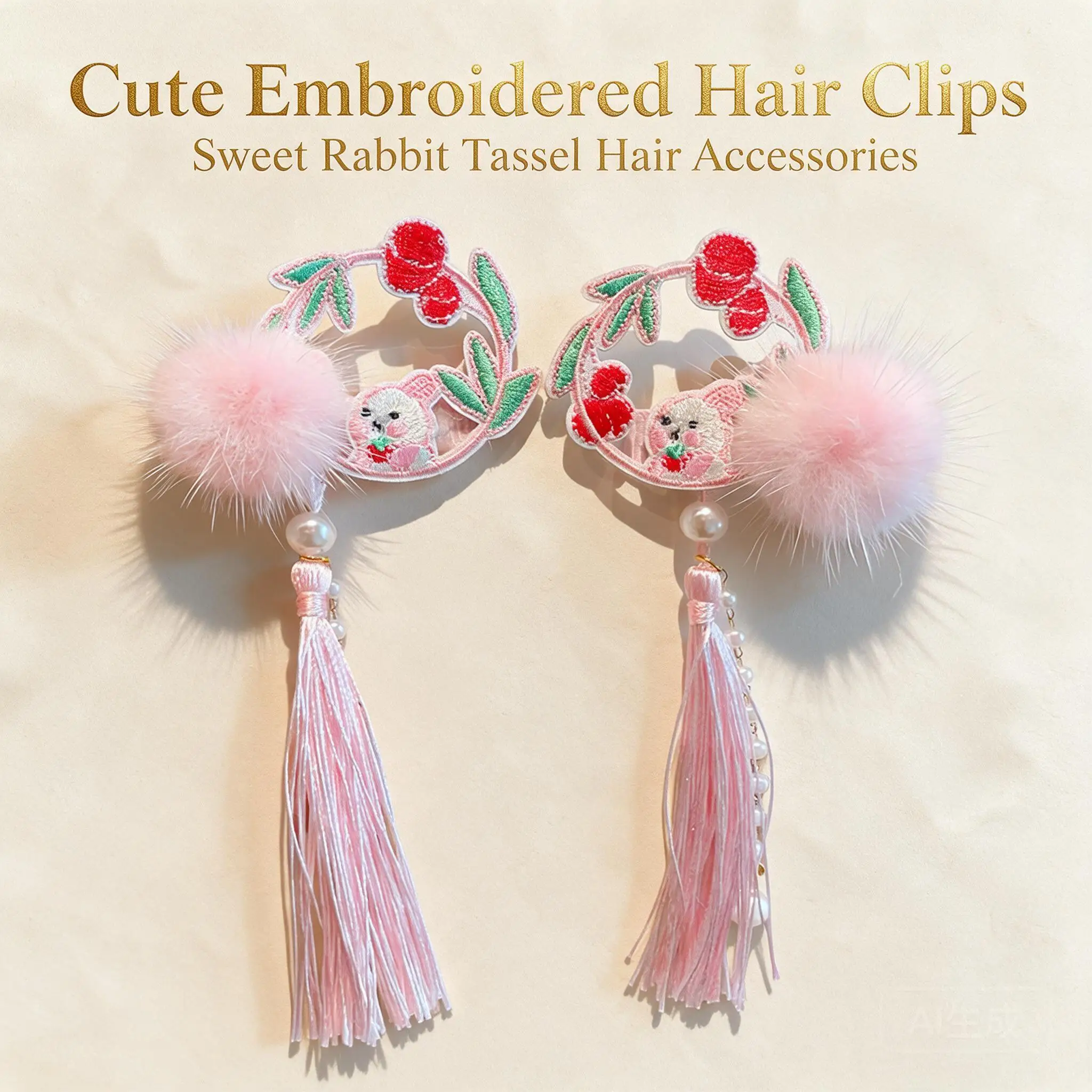 1 Pair Chinese Hanfu Clips For Girls Cute Embroidered Bunny Fluffy Pom Pom Tassel Pearl No Slip Hair Barrettes Photo Accessories