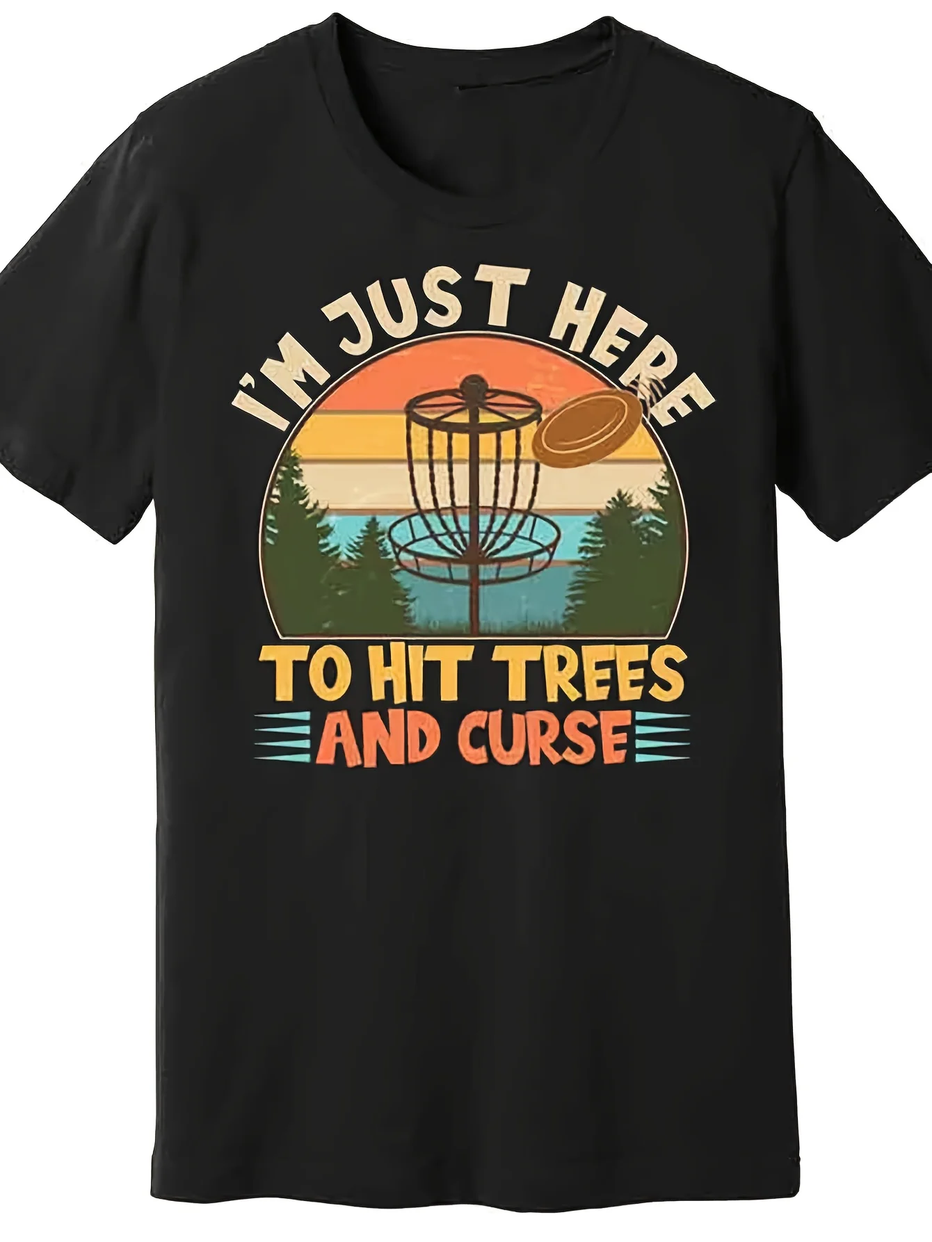 Men's Retro Disc Golf Graphic T-Shirt - I'm Just Here to Hit Trees  Curse Funny , Black Casual Short Sleeve Tee with Pine Trees  Sunset Design,  Regular Fit, Leisure Clothing, Playful Design, Comfortable Wear, Durable Fabric