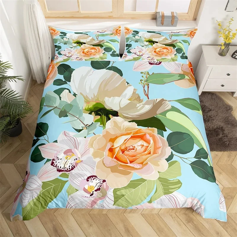 

Floral Leaves Bedding Set Microfiber Butterfly Duvet Cover Lotus Flowers Comforter Cover Full King for Kids Adults Bedroom Decor