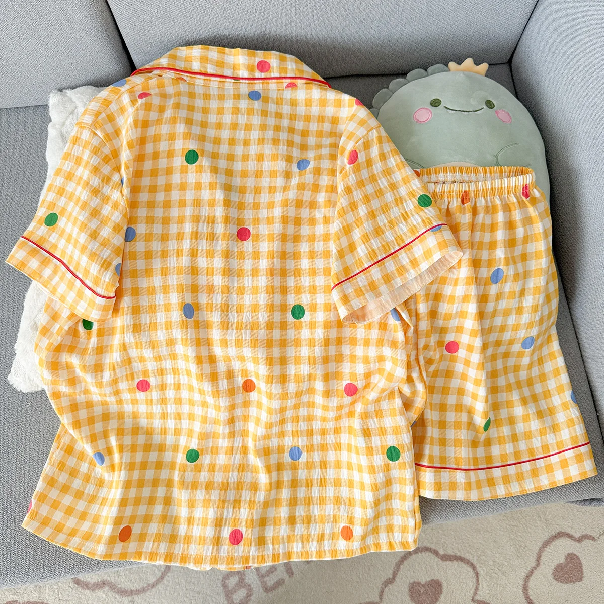 Women's Summer Pajamas, Thin Plaid Polka Dot Pattern Short-Sleeved Shorts, Sweet and Cute, Can Be Worn Outside in Summer, Two-Piece Home Wear Set image 2