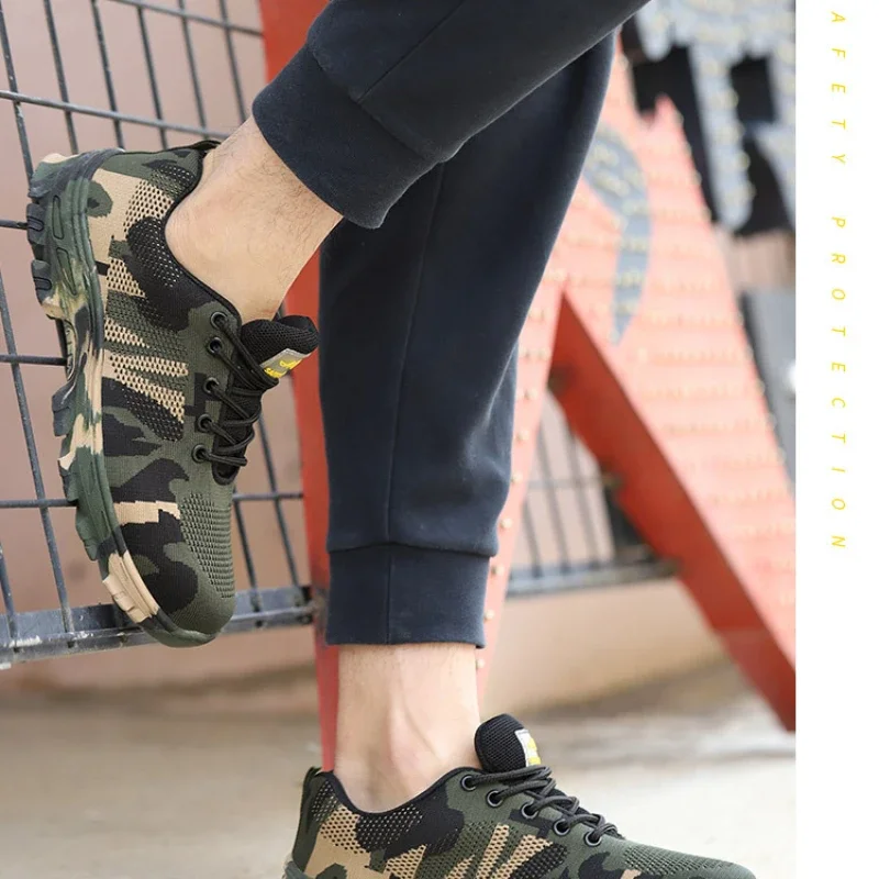 Camouflage Fashion Safety Shoes Flying Woven Breathable Penetration Steels Toe Cap Tendon Durable Work Shoes Protective Footwear