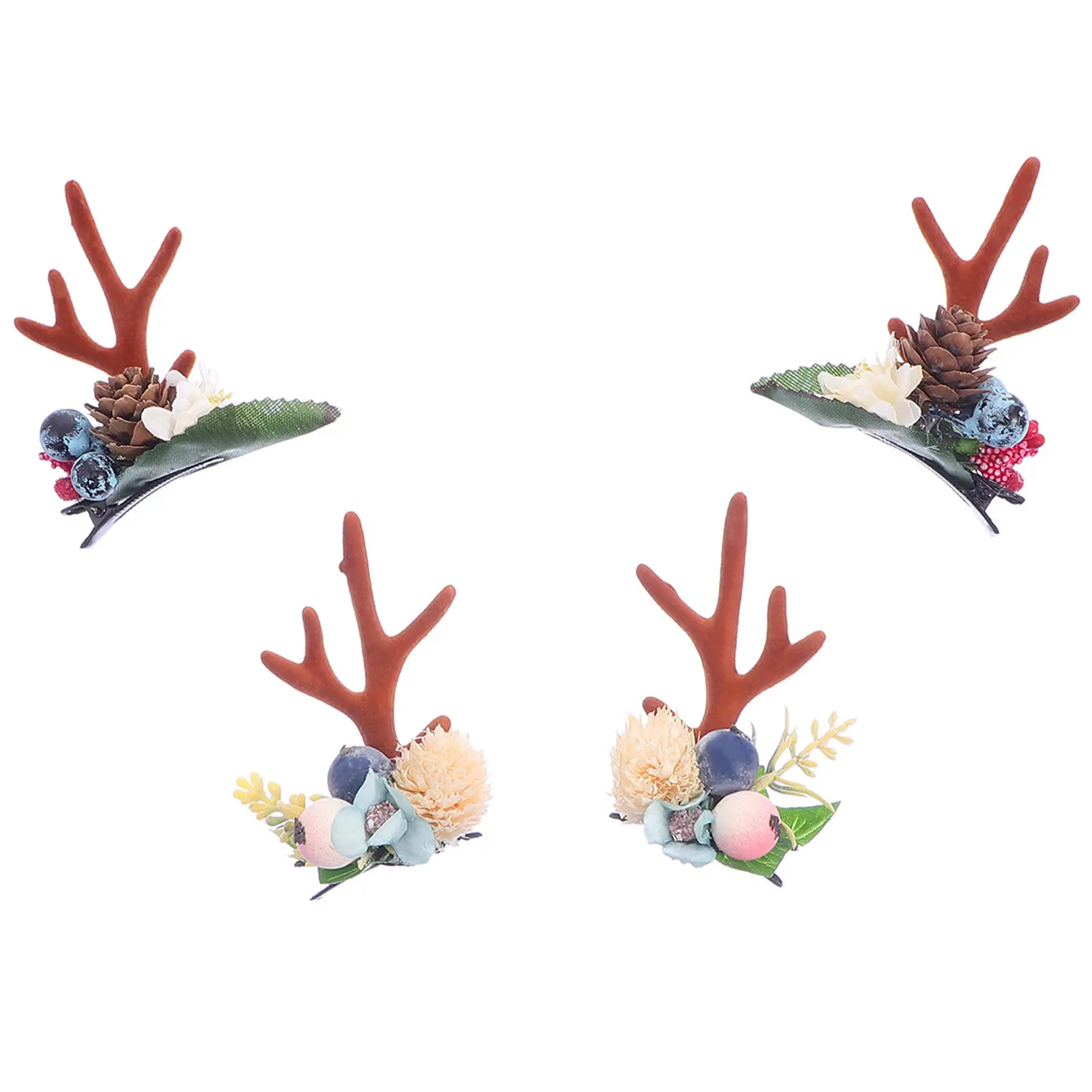 

2Pairs Antlers Berry Hair Clips Christmas Hair Accessories Party Photography Props Xmas Holiday Barrettes Antlers Barrettes