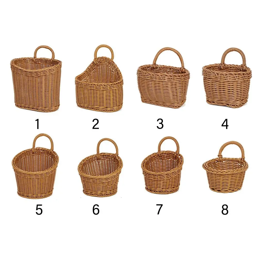 Imitation Rattan Kitchen Storage Basket Home Decoration with Handle Hand-woven Hanging Baskets Vegetable Fruit Flower Brown