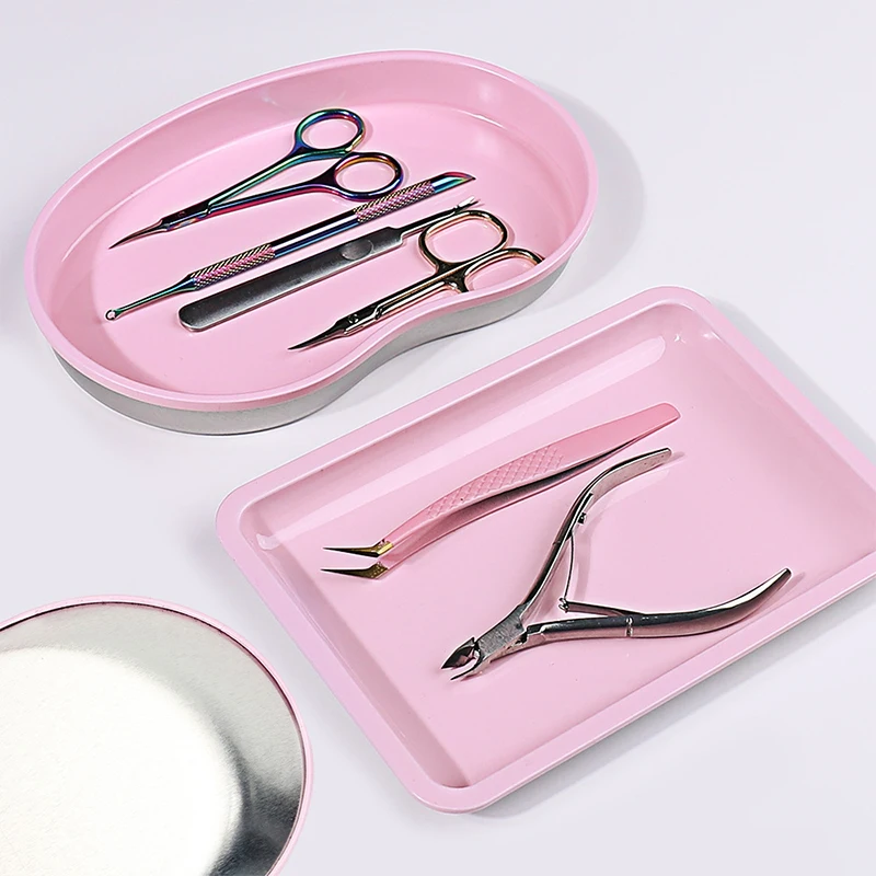 Pink Stainless Steel Nail Tool Rhinestone Storage Display Cosmetic Jewelry Tray Plate Doctor Surgical Desktop Storage