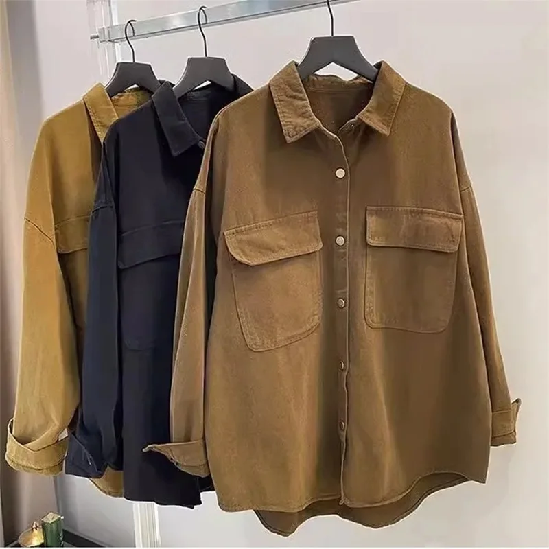 Spring 2024 Female Coffee Colored Shirt Jacket Women's New Korean Loose Medium Length Casual Versatile Long Sleeved Shirt Top