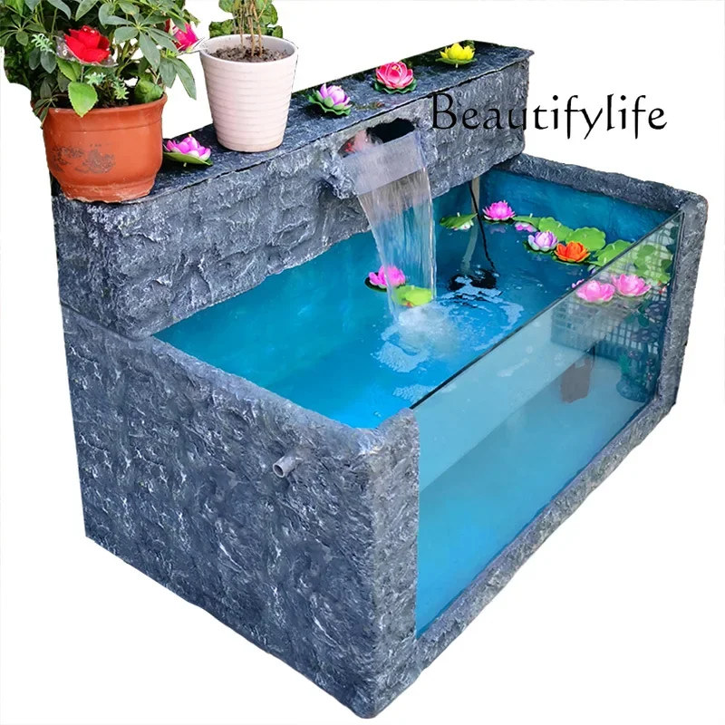 

Large water-free panoramic glass fish pond rockery flowing water landscape courtyard sub-ecological fish tank ornament