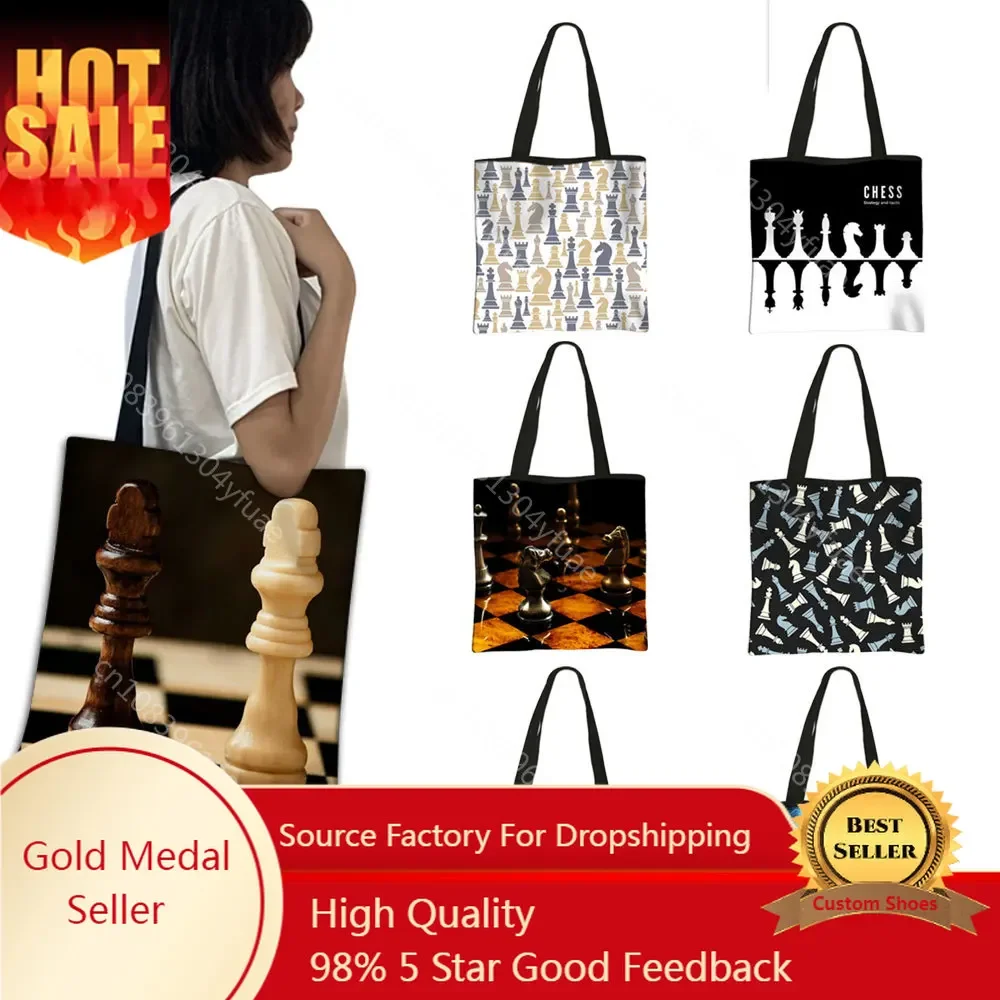 Cute Chess Print Shopping Bag Chess Player Game Women Handbag Checkmate Large Capacity Grocery Bags Shopper Bag Shoulder Bag