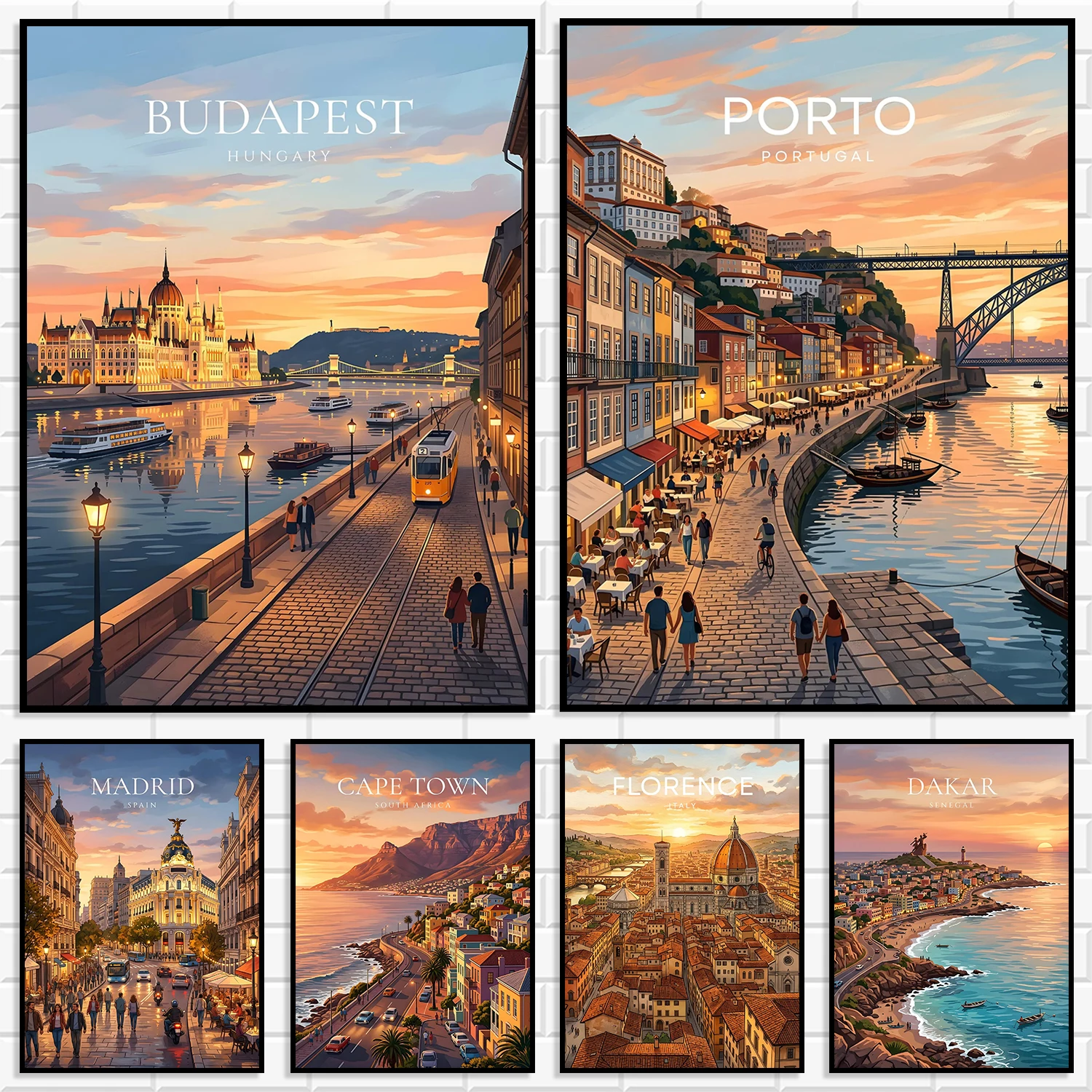 Vintage Travel City Canvas Prints World Landmark Budapest Porto Madrid Florence Cityscape Travel Poster Home Wall Decor