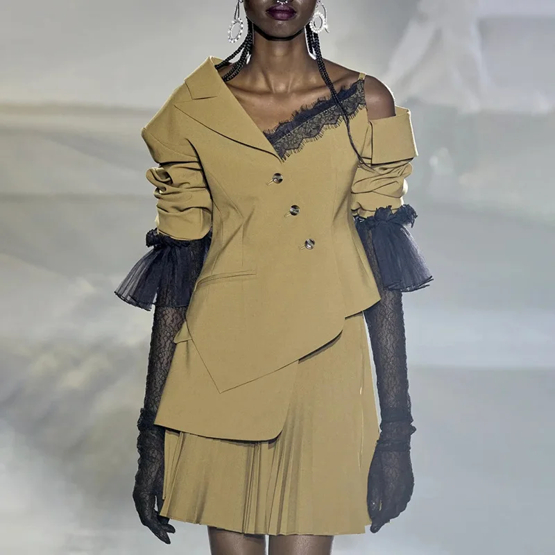HKSH Herbst Neue Frauen Blazer Einreiher Spitze Patchwork Off-schulter Asymmetrische Design Elegante Chic High Street Mantel HK11491