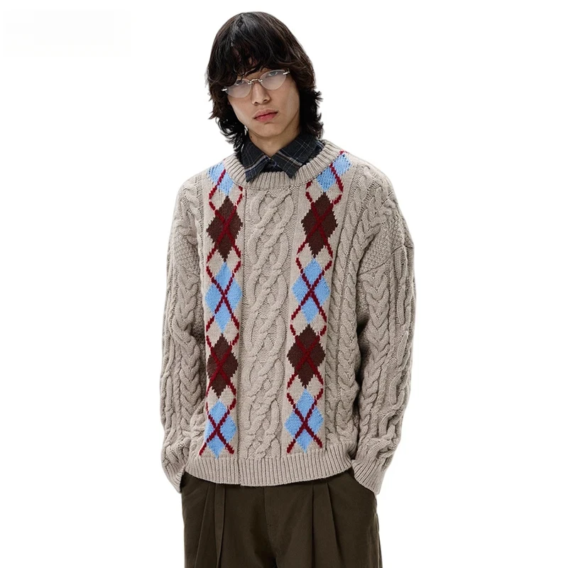

Rhombus Plaid Jacquard Sweater Mens Autumn Winter Casual Retro Loose Long Sleeve Crew Neck Knitted Pullover Man