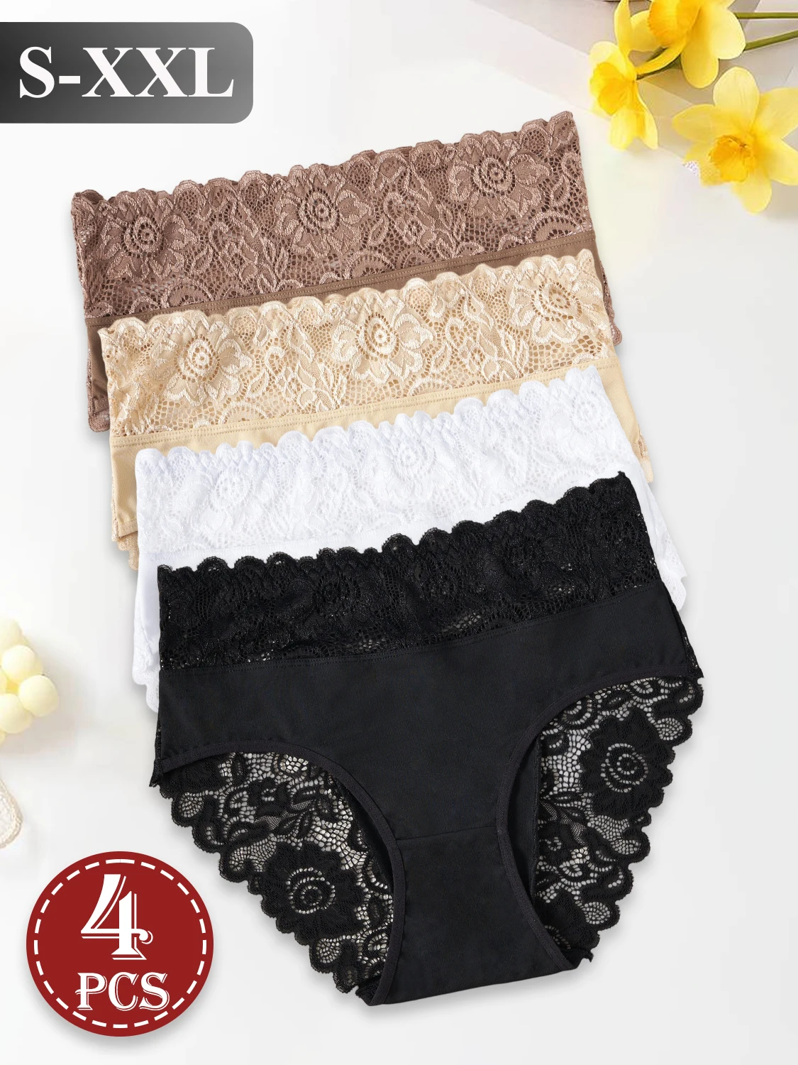 4PCS Women's Underwear Solid Color High Waist Panties Elegant Lace Floral Patch… - Image 2