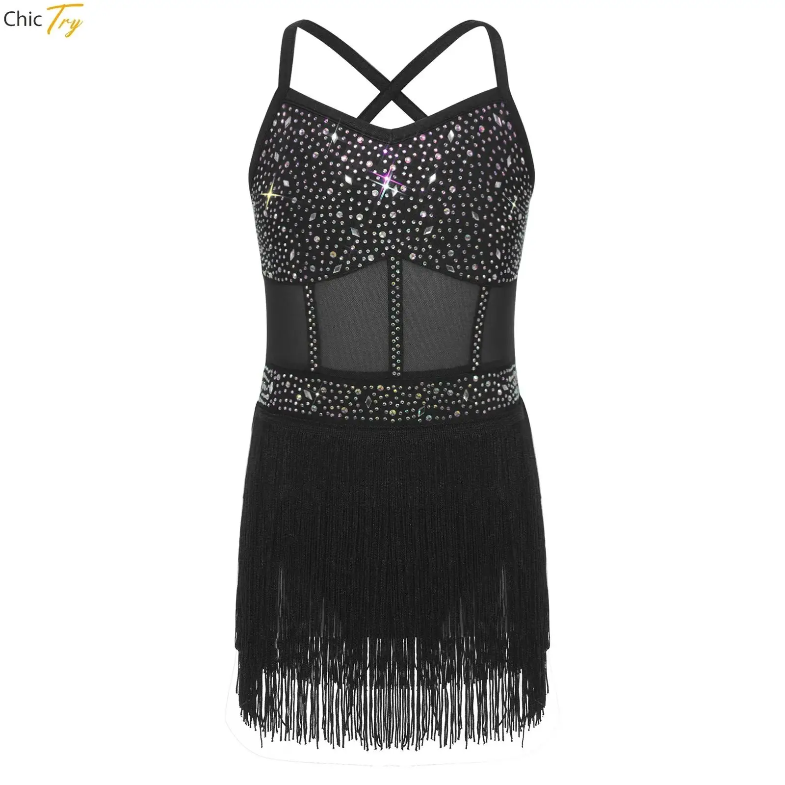 

Детское трико для латинских танцев для девочек, платье с блестящими стразами, костюмы для ча-ча, самбы, танго, прозрачная сетка, боди с кисточками и бахромой, танцевальная одежда