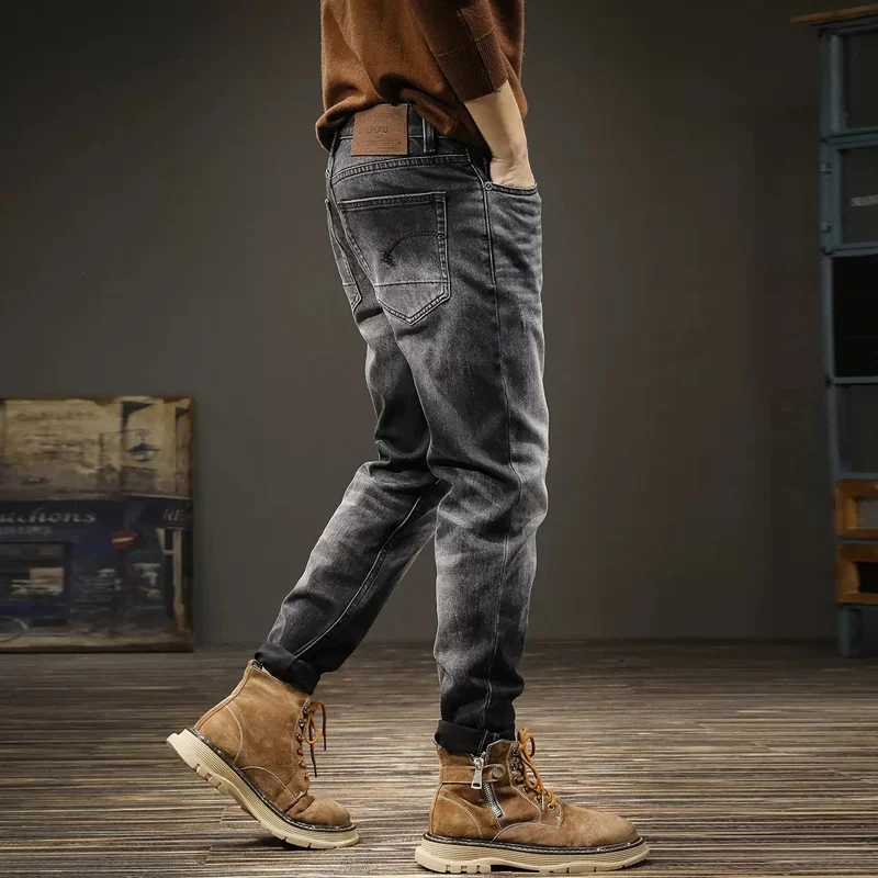 Fashion Vintage Men Jeans Black Gray High Quality Elastic Slim Fit Ripped Jeans Men Casual Trousers Retro Designer Pants Hombre