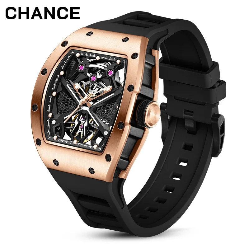 CHANCE Men's Automatic Mechanical Watch with Stainless Steel Case Silicone Band Skeleton Dial Waterproof Sport Wristwatch91905