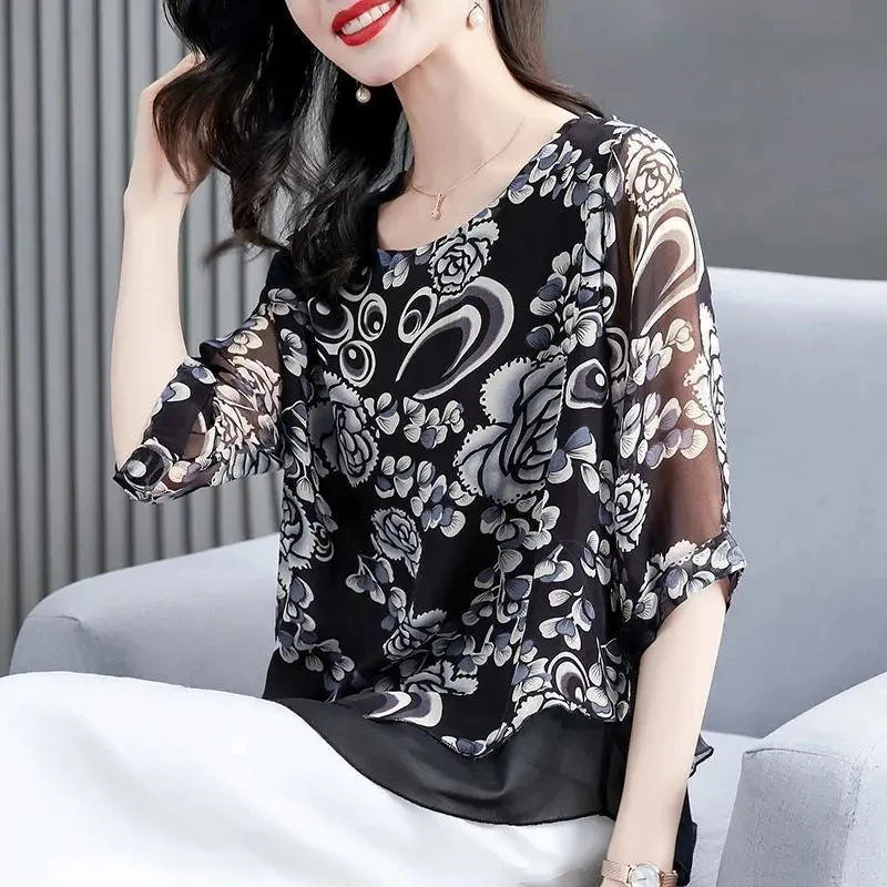 4XL Large Size Women Summer Three Quarter Chiffon Shirts Fashion Printed Middle Aged Mother Loose Chiffon Blouse Pullover Tops