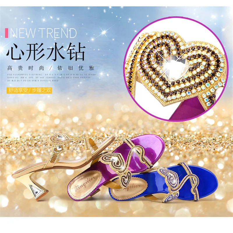 New Fashion Comfort Open Toe Women Summer Sandals Crystal Thick High Heel Rhinestone Slippers Casual Beach Soft Shoes