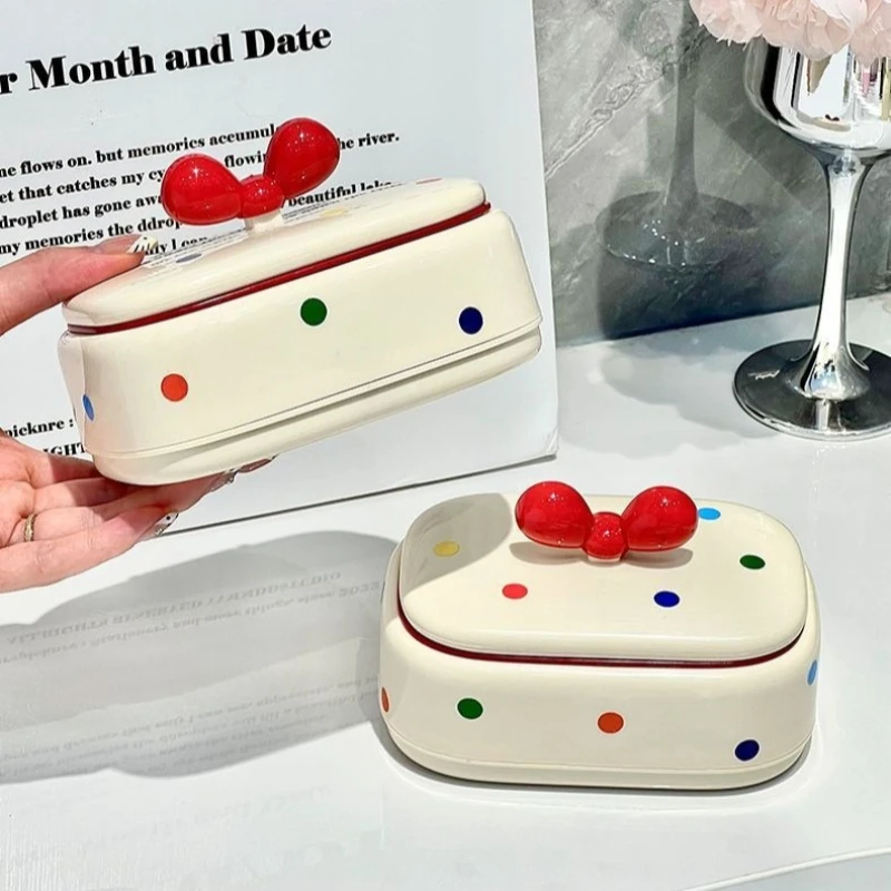 

Household Plastic Soap Dish with Lid, Cute Polka Dot Puppy & Bow Design for Bathroom Vanity Countertop