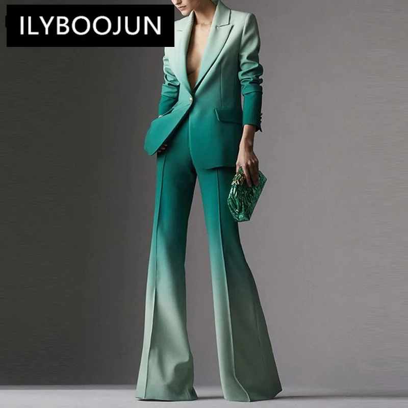 

Luxury Design Tall Women Street 2PCS Blazer Suits Gradient Green Color Eye-catching Flare Pants Sets