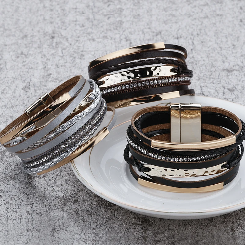 ALLYES Multilayer Leather Bracelet for Men Metal Bar Charm Black Braided Wide Wrap Man Bracelets & Bangles Boho Punk Jewelry