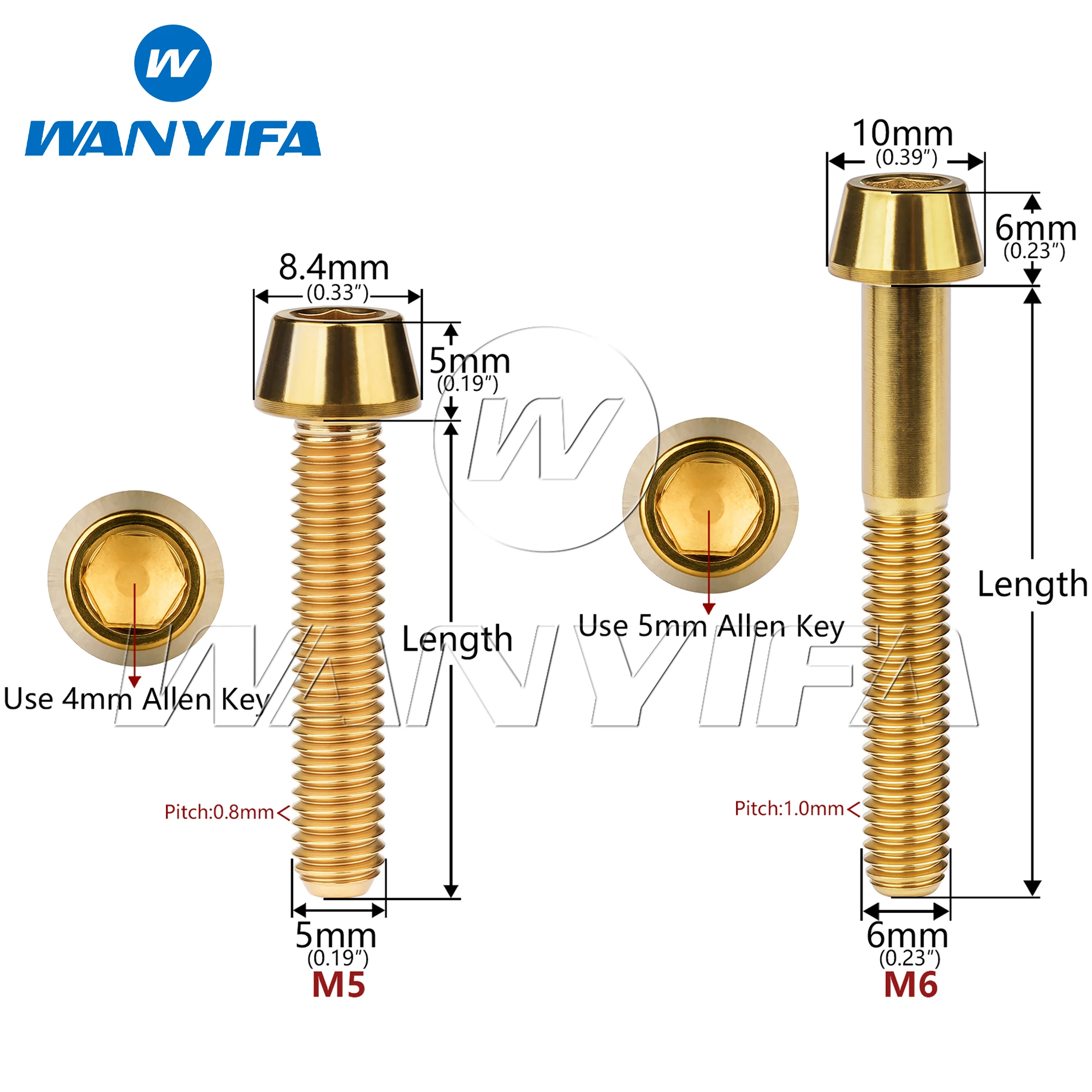 Wanyifa 6pcs Titanium Bolts M5/M6x9 16 20 25 30 35...65mm DIN912 Taper Hexagon Head Screws for Bicycle Headset Brake Bike Parts