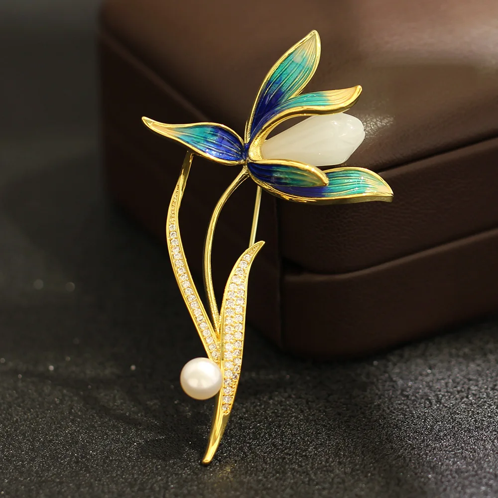 Chinese Style Elegant Magnolia Brooch Blue Enamel Faux Jade Pearl Gold Tone Lucky Auspicious Blessing Pin Jewelry For Women Gift
