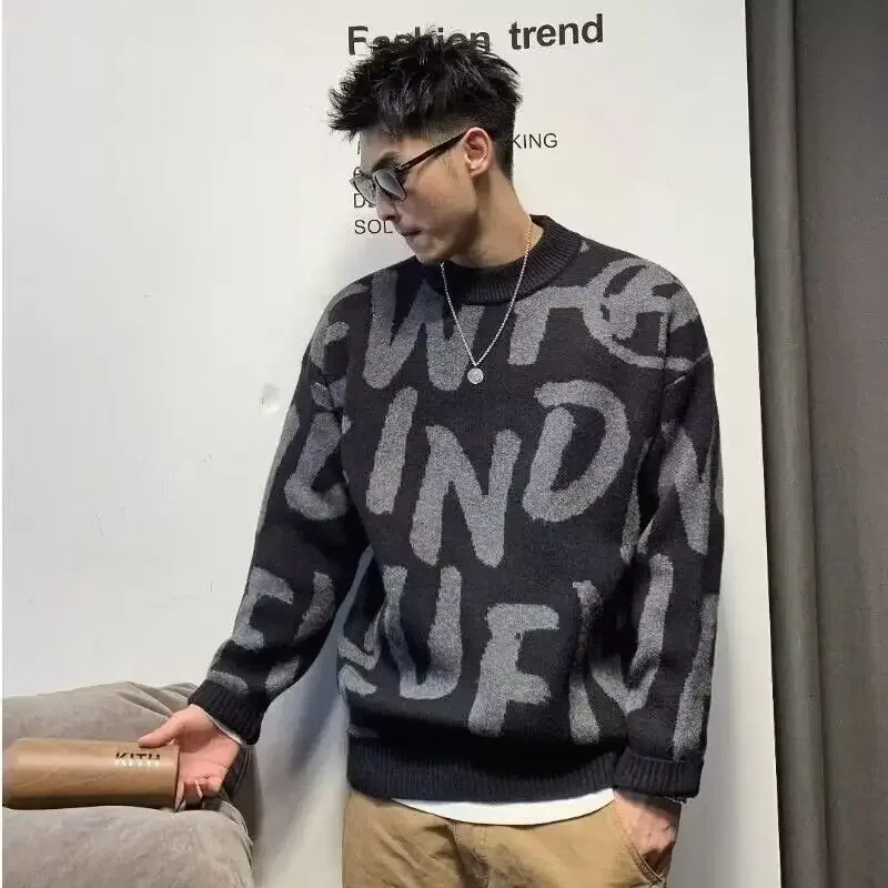 Pop Pullover Man Letter สีเขียวถักเสื้อกันหนาวผู้ชาย Crewneck หลวมรอบคอเสื้อผ้าข้อเสนอ Fit ราคาถูกทอ Top